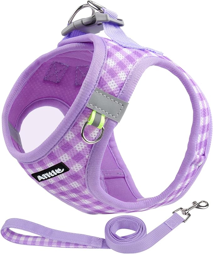 AIITLE Adjustable Dog Vest Harness Set – No-Pull Design, Plaid Print & Reflective Safety– Fits Poodles, Shih Tzus & Medium-Sized Dogs up to 38lbs (M, Purple)