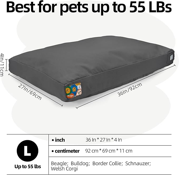 Sytopia 36 Inch Canvas Indestructible Outdoor Dog Bed for Large Dogs, Chew Proof Dog Bed with Waterproof Washable Removable Cover, Indoor Patio Pet Pad for Crate, Dark Grey