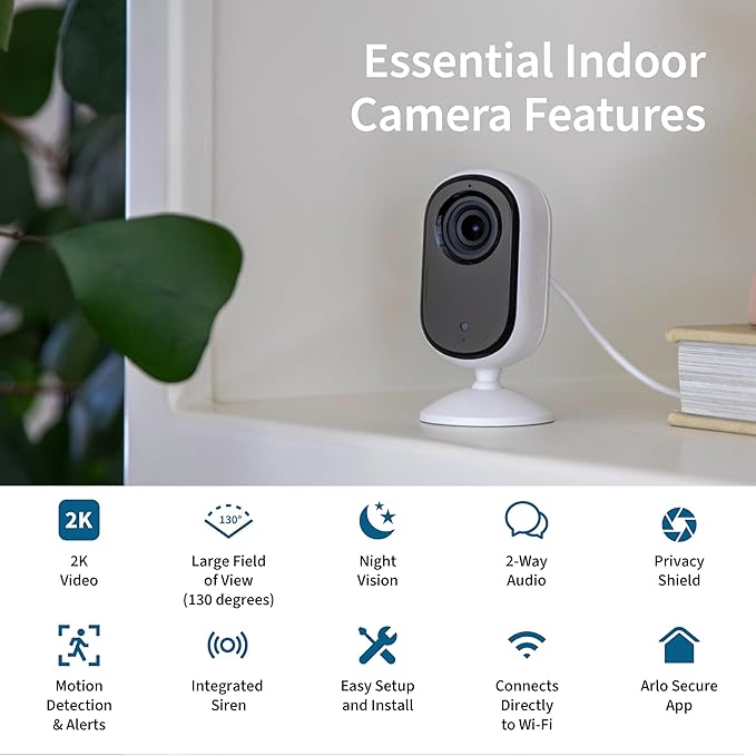 Arlo Essential Indoor Security Camera 2K (2nd Gen, 2023 Release) - Wired Plug-in Power, Person Recognition, Animal Detection, 1-Month Trial of Secure Plan, Automated Privacy Shield, 2 Cam, White