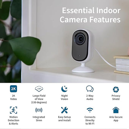 Arlo Essential Indoor Security Camera 2K (2nd Gen, 2023 Release) - Wired Plug-in Power, Person Recognition, Animal Detection, 1-Month Trial of Secure Plan, Automated Privacy Shield, 2 Cam, White