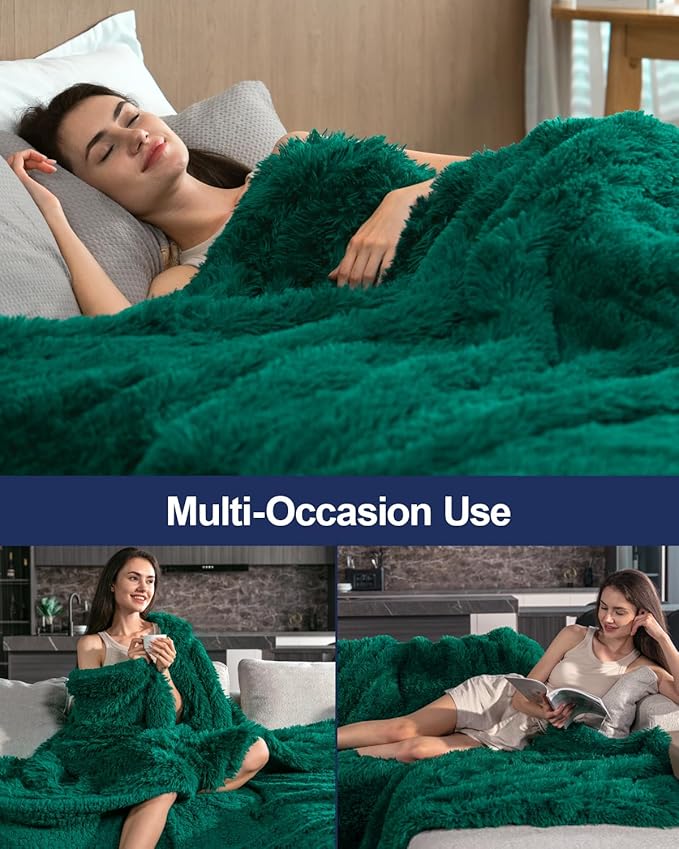 Pawque Faux Fur Blankets Queen Size 90x90 Inches, Soft Fuzzy Fluffy Blanket, Warm Thick Sherpa Long Hair Shag Reversible Lightweight Cozy Throw for Bedroom Sofa Couch, Green