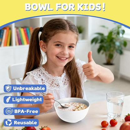 Wheat Straw Bowls 26 OZ, Plastic Bowls Reusable, Unbreakable Cereal Bowls Set of 6, Small Soup Bowl Salad Bowl for Kitchen, Microwave & Dishwasher Safe, White