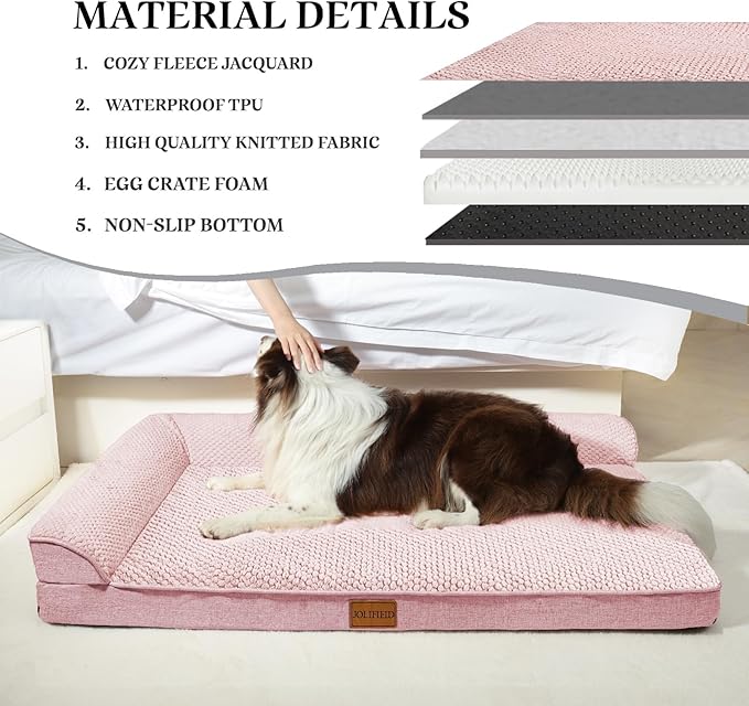 Orthopedic Dog Bed Large Sized Dog 36''X24'', Waterproof L Bolster Egg Crate Foam Pet Crate Beds with Washable Removable Cover, Non-Slip Soft Pet Couch Sleep Mat, Pink