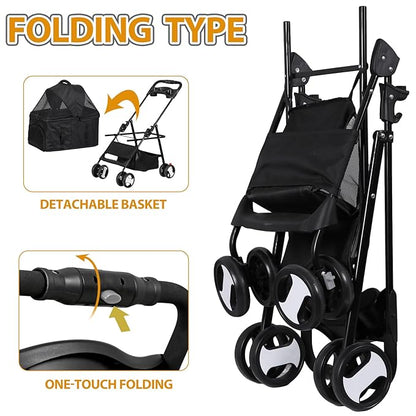 Pet Stroller 4 Wheels Dog Cat Stroller for Small Medium Dog Cats Carrier Jogger Travel Foldable Puppy with Detachable Carrier