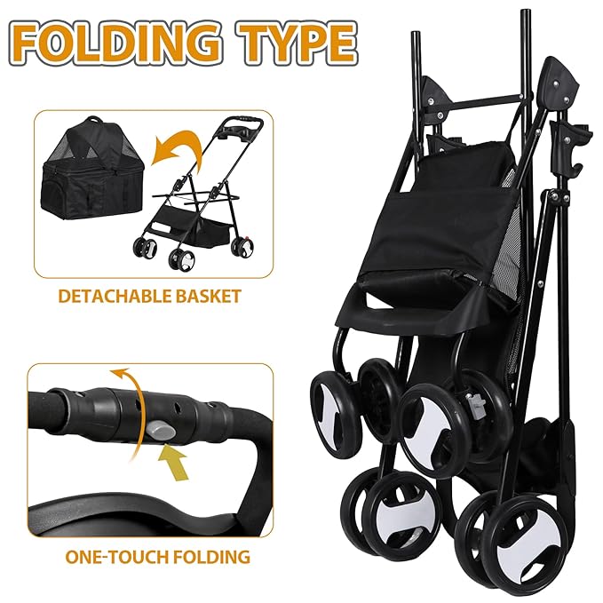 ZENY Pet Stroller, 3 in1 Foldable Dog Cat Jogger Stroller with 4 Wheels, Detachable Basket and Cup Holder, Travel Folding Carrier for Small/Medium Pet (Black)