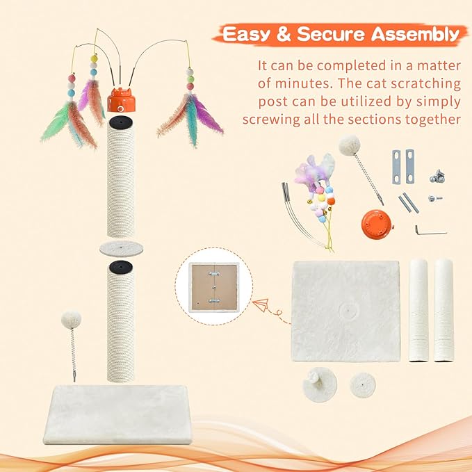 YARUOMY Cat Scratching Post ，33.4" Sisal Rope Cat Scratcher Tall Scratching Post for Indoor Cats with Interactive Cat Toys Automatic Teaser Wand and Rotating Hanging Balls