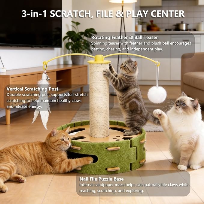 Cat Nail File Enrichment Box with Scratching Post, Sandpaper Scratcher Base, Interactive Cat Scratch Puzzle Box with Rotating Teaser & Bell Balls for Indoor Cats