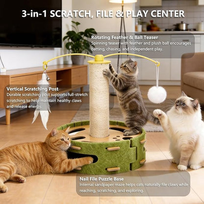 Cat Nail File Enrichment Box with Scratching Post, Sandpaper Scratcher Base, Interactive Cat Scratch Puzzle Box with Rotating Teaser & Bell Balls for Indoor Cats