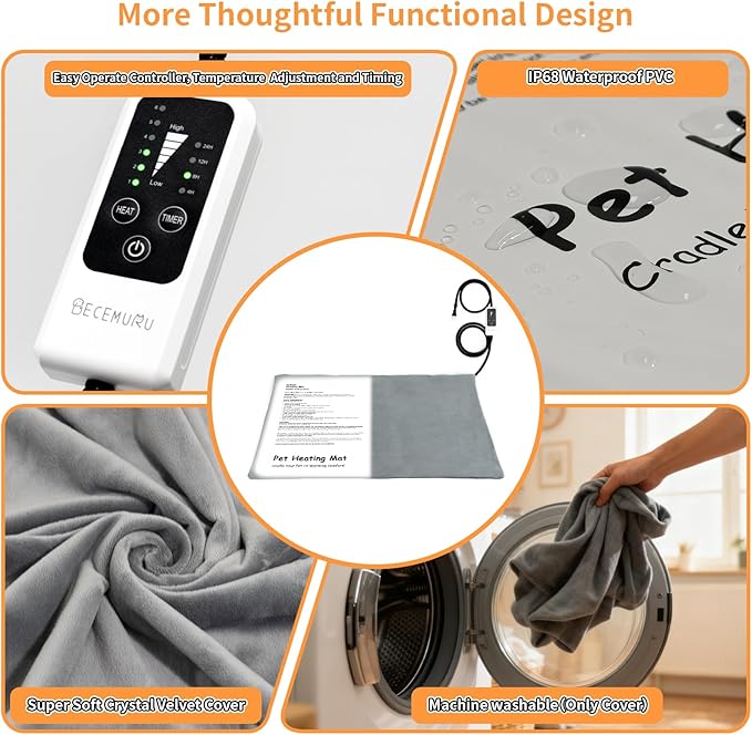 BECEMURU Pet Heating Pad for Dogs & Cats, 24x18 in, Waterproof Heated Bed with 6-Temp & Timer, Chew-Resistant Cord Electric Warm Bed for Senior Pets, Soothing Pain Relief for Arthritis