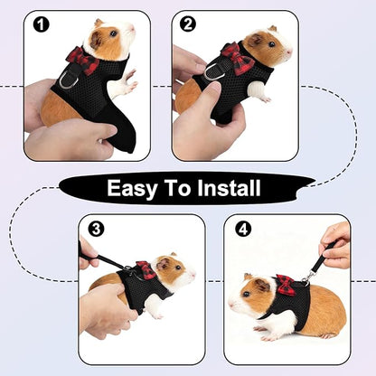 Guinea Pig Harness and Leash，2packs Guinea Pig Clothes Baby Ferret Rats Hamster Soft Mesh Harness Leash for Decoration，Hamster Harness can be Adjusted to Any Size. (Black + Green)