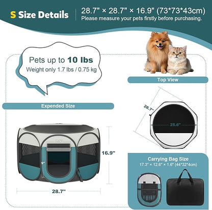 Portable Cat Playpen for Indoor Enclosed: Foldable Pet Playpen for Cat Small Dog Indoor Outdoor with Zipper Top Cover - Pop Up Puppy Kitten Tent Crates Cage Kennel with Carrying Case (Blue/White)