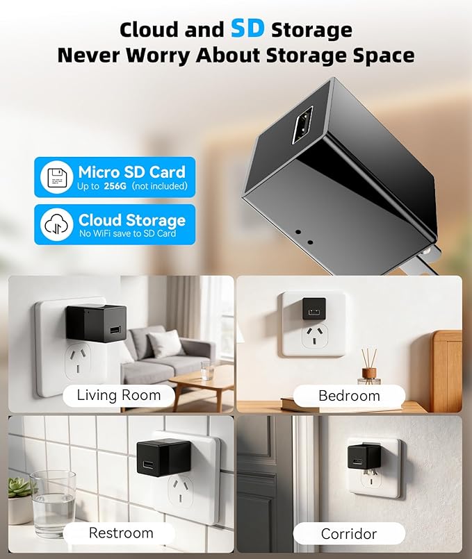1080P HD Wireless WiFi Camera Charger for Home with App Control, Motion Detection, Night Vision & Loop Recording, 150° Indoor Security Camera with USB Phone Charger for Office/Shop/Pet,User-Friendly