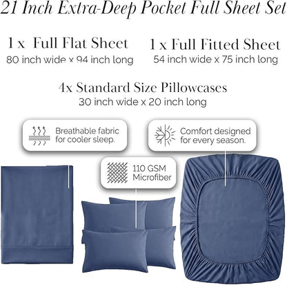 Southshore Fine Living, Inc. Extra Deep Pocket Full Size Sheets Set, 6-Piece Ultra-Soft Microfiber Bed Sheets with 21" Deep Fitted Sheet Full, Oversize Flat Sheet, 4 Standard Pillowcases, Dark Blue