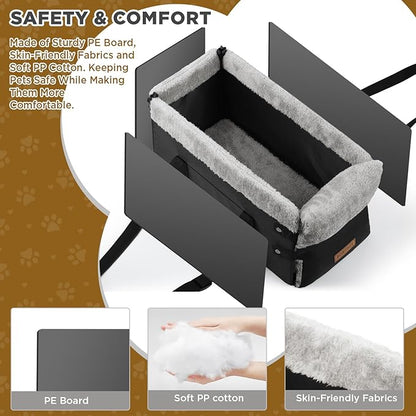 Upgraded Zipper Center Console Dog Car Seat for Small Dogs, Pet Booster Seat with Safety Hook & Adjustable Strap,Washable Center Console Car Bed with Storage Pocket for Pets up to 15lbs