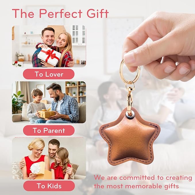 Leather Charm Keychain Holder Case Compatible with AirTag,Cute Protective Star-Shaped Cover with Luxe Ring Clip,Finder GPS Tracker Case for Wallet Keys,Bag,Pets(Brown)