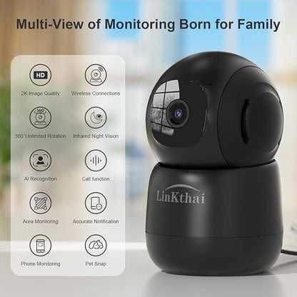 Indoor Camera,2K Cameras for Home Security with App Motion Detection Auto Tracking Alarm Live Notice Schedule Default Location,Pet Camera with Night Vision,2.4 GHz,Black, 2 Pack
