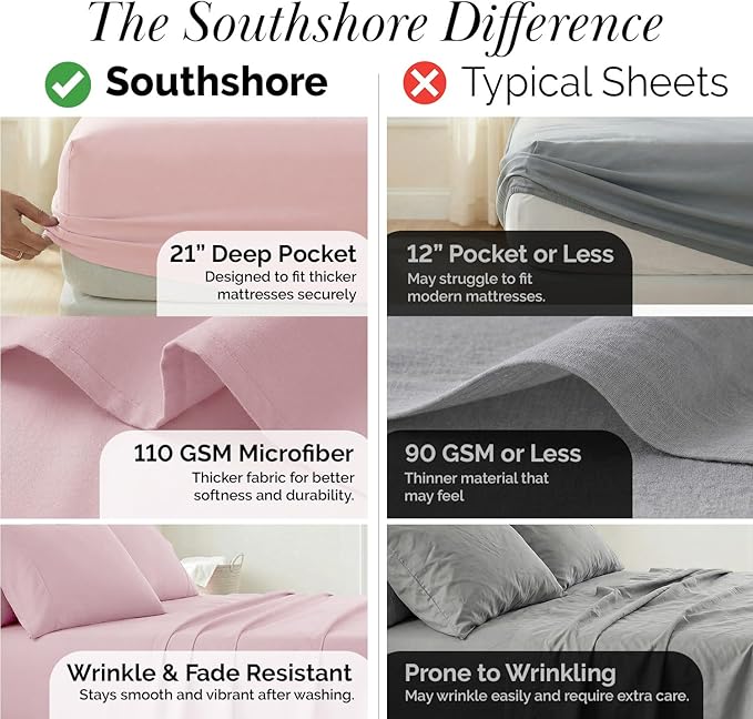 Southshore Fine Living, Inc. 4-Piece Twin XL Sheets Set, 21" Extra Deep Pocket Twin XL Fitted Sheet, Oversized Flat Sheet, Microfiber Bedding Set, Pink Pillowcases Standard Size, Pastel Pink Sheets
