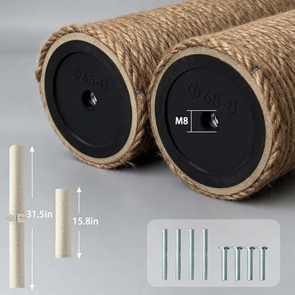 4 Pack Cat Scratching Post Replacement, 15.7 x 3.1 Inch Sisal Poles with M8 Screws, Refill Parts for Indoor Cat Towers and Furniture Repair-Brown