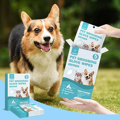 Vannon Portable Pet Bathing Wipes for Dogs & Cats, Cleaning & Odor-Controlling Extra Thick Grooming Glove Wipes for Daily Care and Traveling, Rinse Free, Nourish Fur, Individually Packaged, 10 PCS