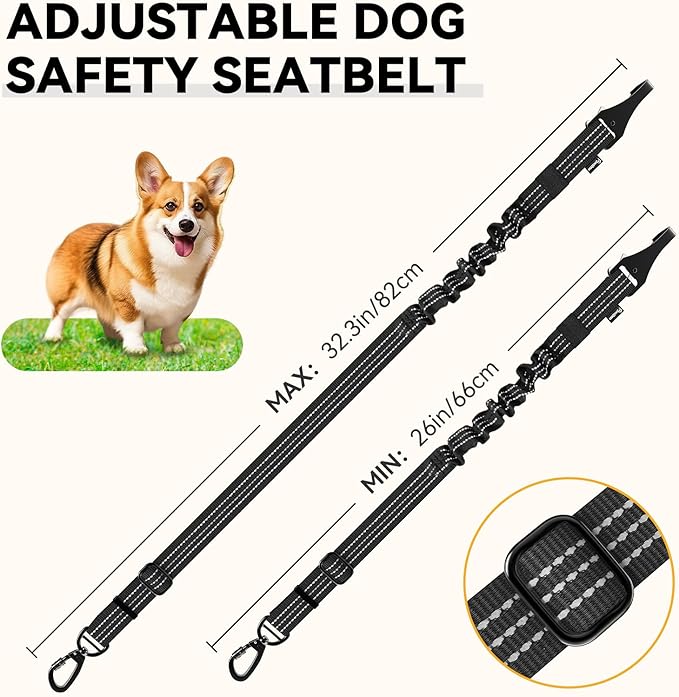 Pawaboo Dog Seatbelt for Car, 3-in-1 Dog Seat Belt Bungee, Shockproof Dogs Tether for Car with Buckle & Hook Latch, Adjustable Reflective Dogs Cars Harness Leash with 360° Lockable Buckle, Black