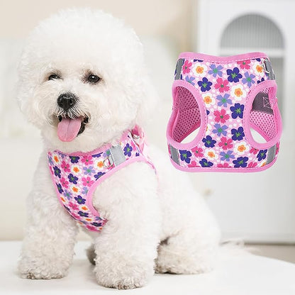 Small Dog Harness Cute Pink Flowers Step in Vest Harness Mesh Padded Soft Harness for Small Medium Dogs Cats