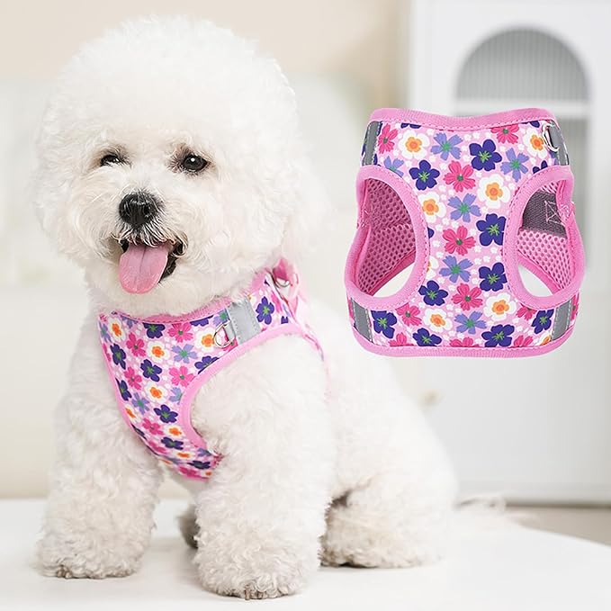 Small Dog Harness Cute Pink Flowers Step in Vest Harness Mesh Padded Soft Harness for Small Medium Dogs Cats