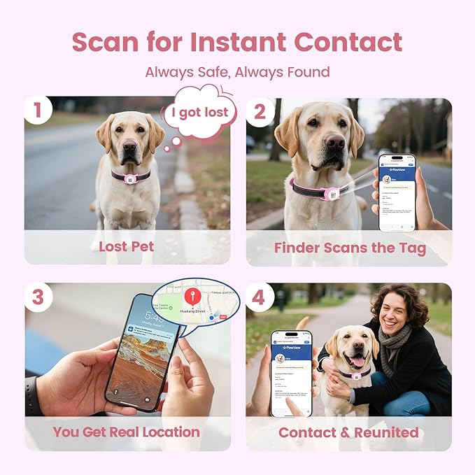 Smart Dog Tracker for Collar, for iOS & Android, Pet Location Tracker with Holder, No Monthly Fee, Real-Time Location Updates, IPX6 Waterproof, 365 Days Battery Life, GPS Dog Tracker, Pink