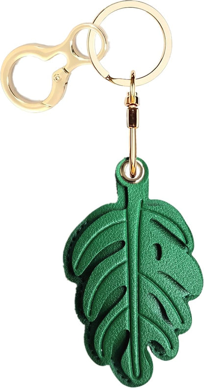 Leather Keychain Holder Case Compatible with AirTag,Cute Protective Cover with Keyring,Anti-Scratch Finder GPS Tracker Case for Wallet Keys,Bag,Pets,Backpack(Green Leaves)