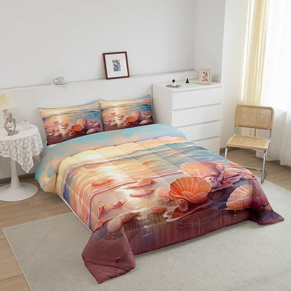 Erosebridal Ocean Bedding Sets King Tropical Hawaii Comforter Set Summer Beach Bedding Comforter Seashell Conch Bed Set Oil Painting Quilted Duvet Coastal Sealife Girls Teen Bedroom Décor Soft