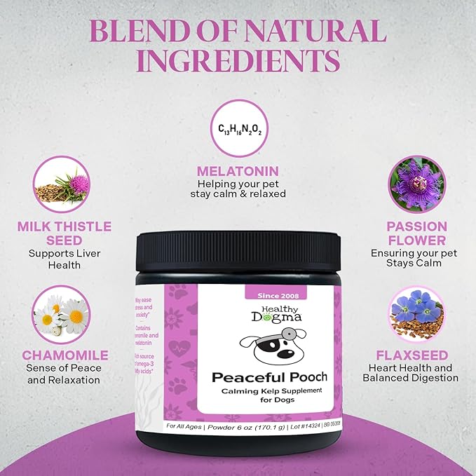 Healthy Dogma - Peaceful Pooch | Powder Calming Supplement for Dogs Dealing with Anxiety, Separation Stress, Noise, Thunder and Barking (6 Oz)