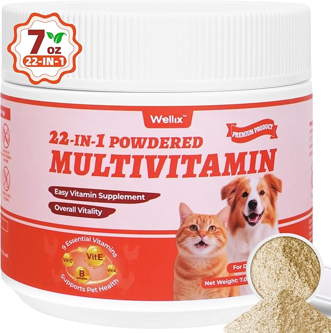 Wellix 7.02oz Vitamins Taurine Powder for Dogs&Cats, All-in-One Multivitamin with Colostrum, Itch Relief, Immune Support, Digestive Support, Chicken Flavor Pet Vitamins and Supplements