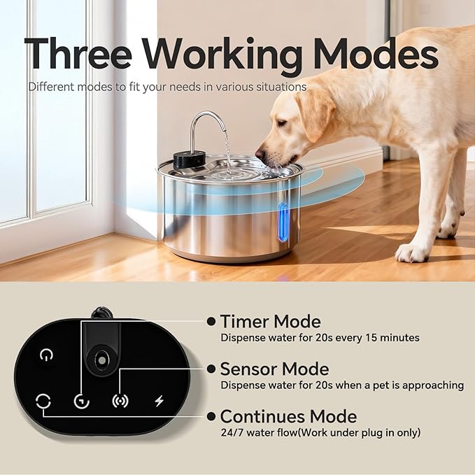 Cordless Dog Water Fountain,12L/3.2 Gal Battery Operated Automatic Pet Water Dispenser with Infrared Sensor, Stainless Steel Water Bowl for Large Dogs & Multi-Pets, 3 Modes(3 Filters)