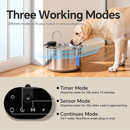 Cordless Dog Water Fountain,12L/3.2 Gal Battery Operated Automatic Pet Water Dispenser with Infrared Sensor, Stainless Steel Water Bowl for Large Dogs & Multi-Pets, 3 Modes(3 Filters)