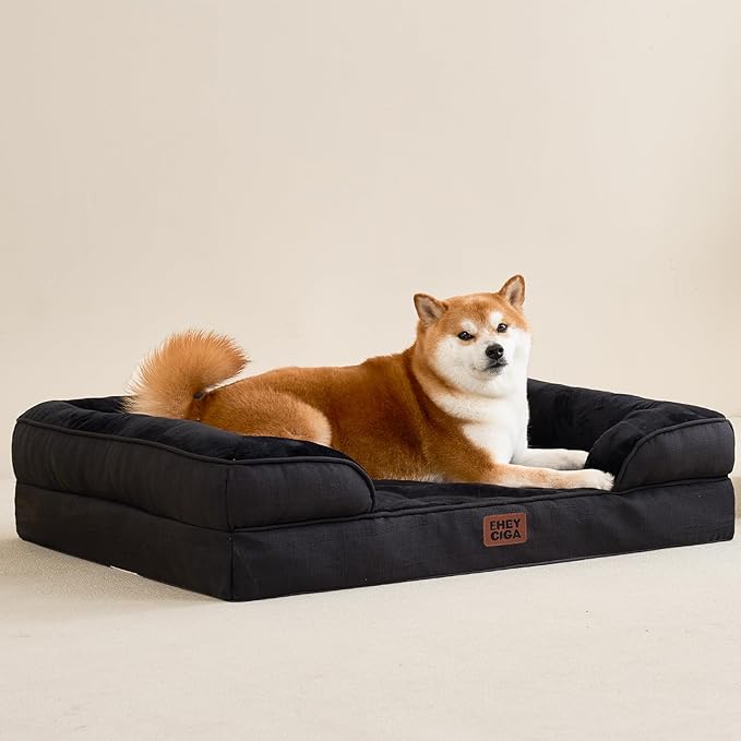 EHEYCIGA Orthopedic Dog Bed for Medium Dogs, Waterproof Memory Foam Medium Dog Beds with Sides, Non-Slip Bottom and Egg-Crate Foam Pet Couch Bed with Washable Removable Cover, Black