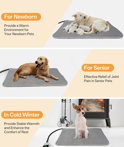 Ringco Pet Heating Pad for Cats & Small Dogs with 12 Adjustable Temperature, Waterproof & Chew Resistant Cat Heating Pad with Timer, Heated Cat Bed with Fleecy Cover (S: 20” x 16”)