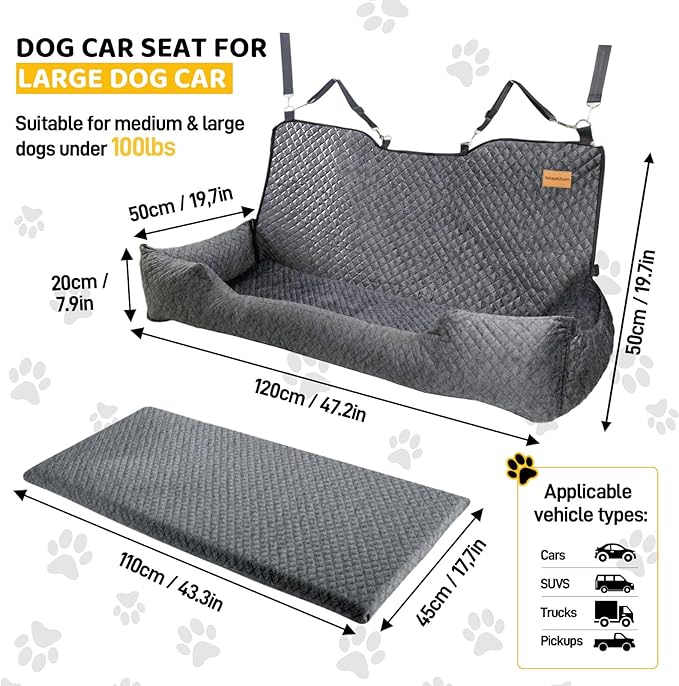 Dog Bed for Car Back Seat,Car Seat for Dogs Under 100 lbs,Pet Booster Seat Cushion,Easy to Install with 2 Safety Leashes,Gray