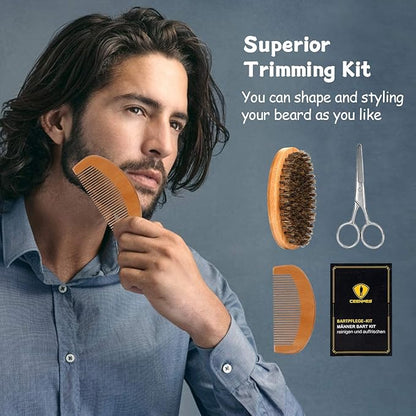 Ceenwes Upgraded Beard Grooming Kit - Conditioner, Oil, Brush, Comb, Balm, Scissors, Storage Bag for Beard and Mustache Trimming, Perfect Men's Gift