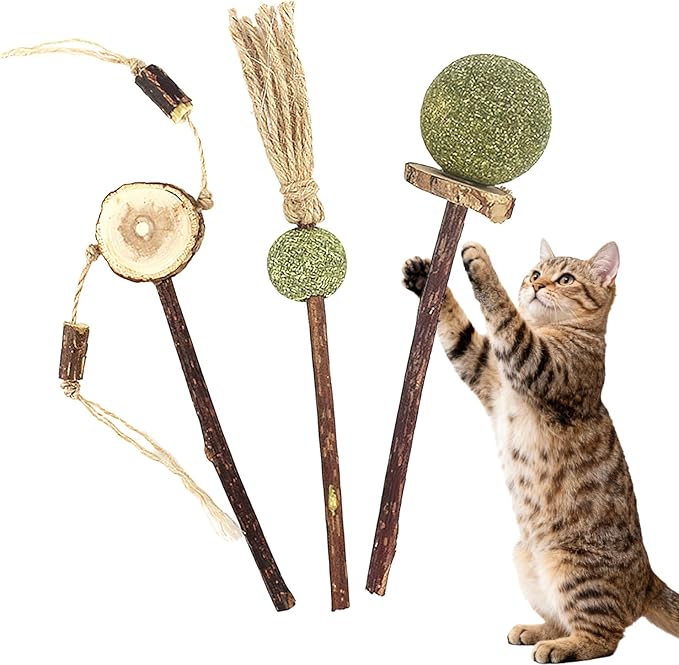 3PCS Natural Catnip Chew Toys | Silvervine & Sisal Rope | Dental Care & Anxiety Relief | Indoor Cats 6+ Months | Teething Kitten Toys