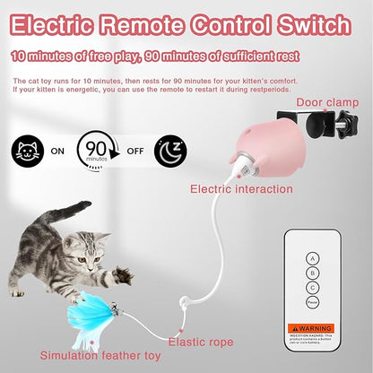 Cat Toys Interactive for Indoor Cats, Rechargeable Toy Hanging Door Electric with 4pcs Feathers Toys for Bored Kittens (Pink)