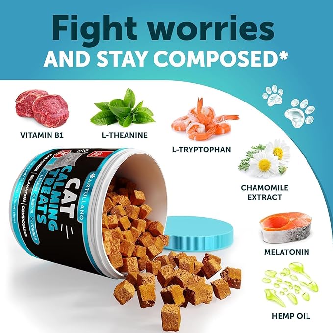 Cat Calming Treats - 2250 mg Hemp Oil per Pack - Stress & Anxiety Relief - Calming Cat Treats with Melatonin - Support Supplement for Vet Visits, Travel, Separation Anxiety, Fireworks - 135 Soft Chews