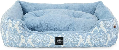 Nicole Miller New York PET Mod Damask Plushy Bolster Pet Bed, Cozy & Calming, Non-Slip Bottom, Machine Washable Cover, Blue, Small 24"x19"x7"
