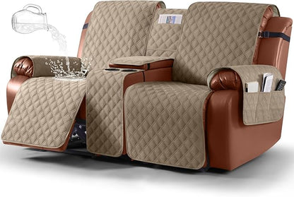 Ruaozz Waterproof Loveseat Recliner Cover with Console Non-Slip Reclining Couch Covers Split Sofa Slipcovers with Elastic Straps Furniture Protector for Kids, Dogs, Pets (Pale Brown, 2 Seater)