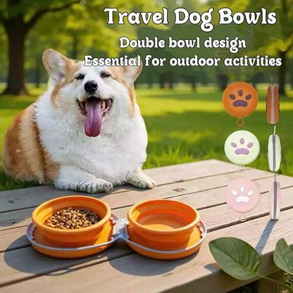 Bear Paw Foldable Pet Bowl, Dual Bowl Design for Food and Water,6.1in，Pink,Orange and Beige (Pink)