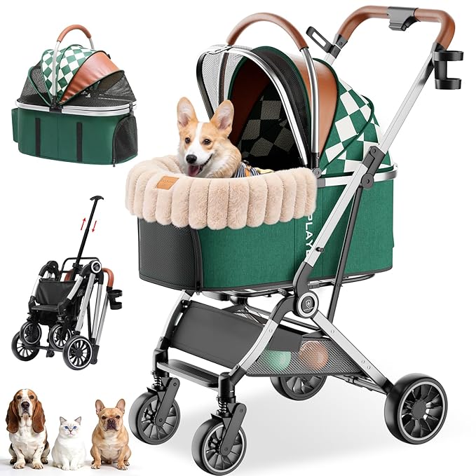 GTPLAYER Pet Stroller with Matching Stroller Mat Set, for Small Dogs and Cats Up to 45 lb, Detachable Carrier, One-Hand Fold, Stroller: Green, Mat: Beige