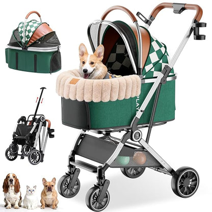 GTPLAYER Pet Stroller with Matching Stroller Mat Set, for Small Dogs and Cats Up to 45 lb, Detachable Carrier, One-Hand Fold, Stroller: Green, Mat: Beige