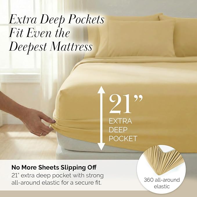 Southshore Fine Living, Inc. 21-Inch California King Sheets Deep Pocket, 6-Piece Cal King Sheet Set, Fitted and Flat Sheet Set, Microfiber Bedding, Muted Gold Pillow Cases, Muted Gold Sheets