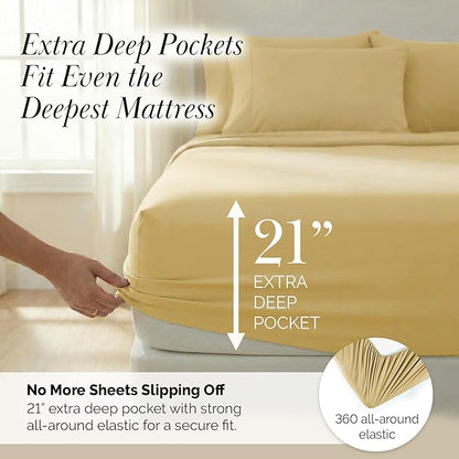 Southshore Fine Living, Inc. 21-Inch Extra Deep Pocket Sheets Twin XL Size Bed Set, 4-Piece Twin XL Sheets Set, Oversized Flat, Microfiber Bedding, Pillowcases Standard Size, Muted Gold
