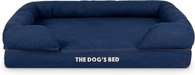The Dog’s Bed Orthopedic Memory Foam Dog Bed with Bolsters for Large Dogs, Waterproof Washable Cover, Anti-Slip Base, Calming Surface – CertiPUR-Certified Foam, Denim Fabric, Blue Denim, Large