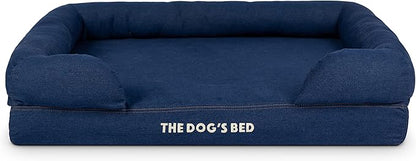 The Dog’s Bed Orthopedic Memory Foam Dog Bed with Bolsters for Large Dogs, Waterproof Washable Cover, Anti-Slip Base, Calming Surface – CertiPUR-Certified Foam, Denim Fabric, Blue Denim, Large