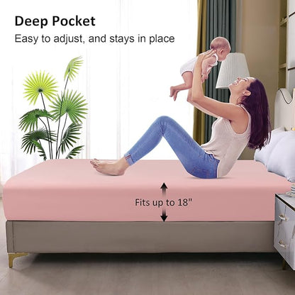 Waterproof Mattress Protector Full, Fitted Sheet Style Breathable Mattress Cover with Deep Pocket Fits Up to 18'', Noiseless Bed Cover for Kids Adults Pets, Machine Washable(Pink, 54'' X 76'')